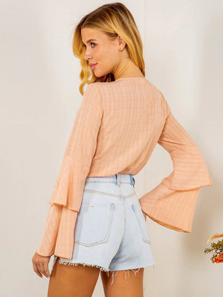 Long Ruffle Sleeve Bodysuit Button Up - Peach