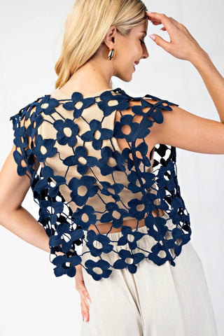 Floral Cut-Out Vest Overlay - Navy Blue