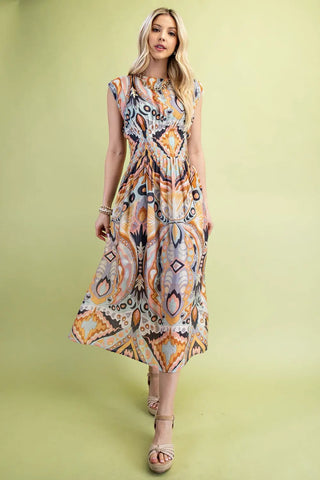 Cap Sleeve Pintuck Midi Dress Rust