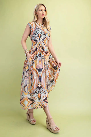 Cap Sleeve Pintuck Midi Dress Rust