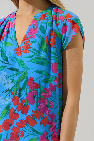 Finy Floral Souris Pleated Blouse, Blue Pink