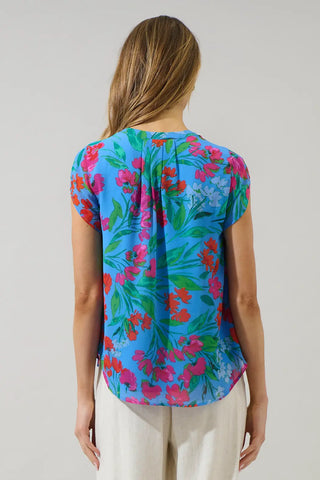 Finy Floral Souris Pleated Blouse, Blue Pink