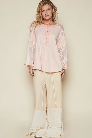 Lace and Cotton Boho Flowy Shirt with Buttons Blush Pink