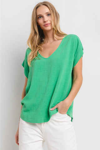 Kelly Green Short Sleeve Linen V-Neck Top