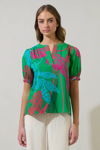 Meig Tropical Neli Split Neck Top, KELLY-PINK