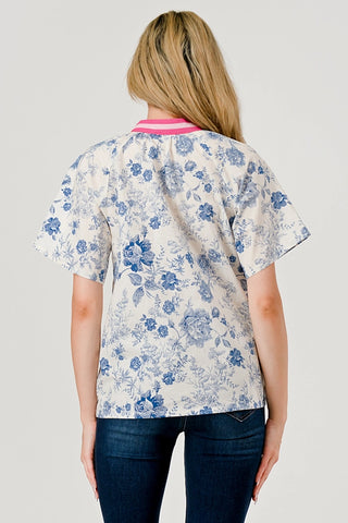 Mara Floral Toile Short Sleeve Top with Contrast Stripe Pink