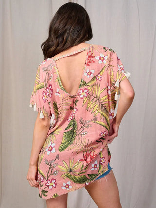 Floral Cover Up with Tassles - Pink