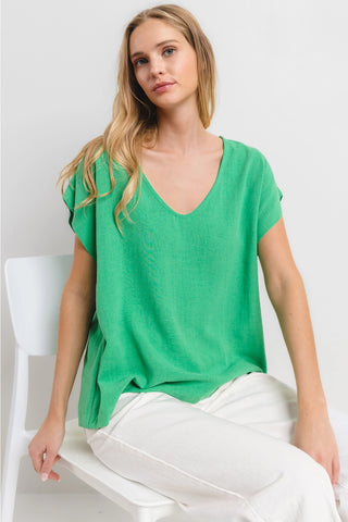 Kelly Green Short Sleeve Linen V-Neck Top