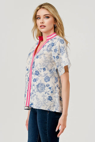 Mara Floral Toile Short Sleeve Top with Contrast Stripe Pink