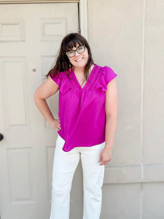 Emily Pleated Detail V-Neck Flutter Sleeve Top Magenta
