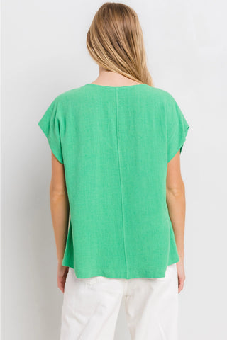 Kelly Green Short Sleeve Linen V-Neck Top