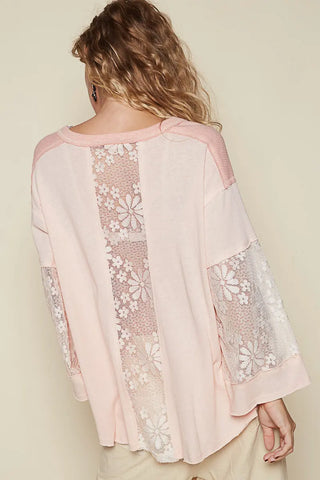Lace and Cotton Boho Flowy Shirt with Buttons Blush Pink