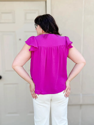 Emily Pleated Detail V-Neck Flutter Sleeve Top Magenta