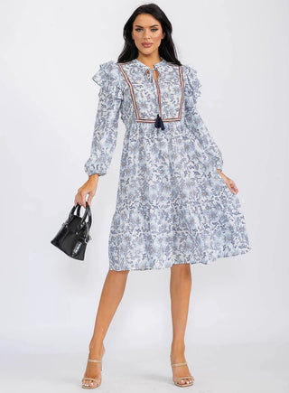 Long Sleeve Floral Midi Dress with Ruffle Shoulders and Tassle - Blue