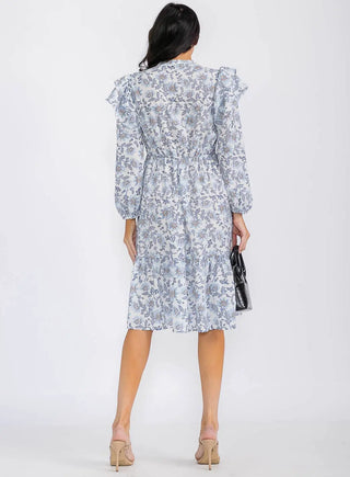 Long Sleeve Floral Midi Dress with Ruffle Shoulders and Tassle - Blue