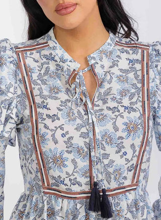 Long Sleeve Floral Midi Dress with Ruffle Shoulders and Tassle - Blue