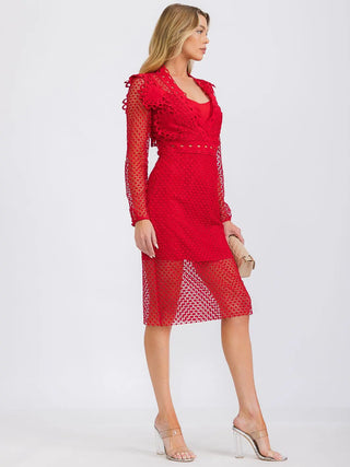 Long Sleeve All Over Lace Midi Dress - Red