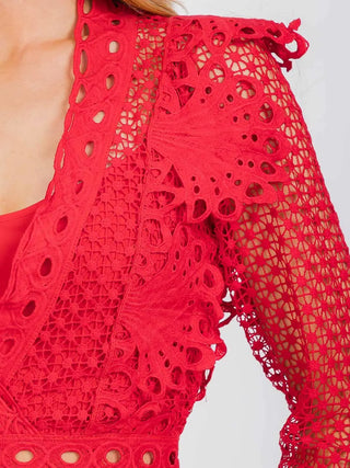 Long Sleeve All Over Lace Midi Dress - Red