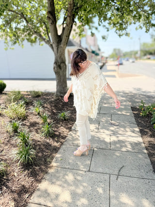 One Size Gold Embroidered Paisley Lightweight Poncho with Tassels Ivory Beach Cover Up