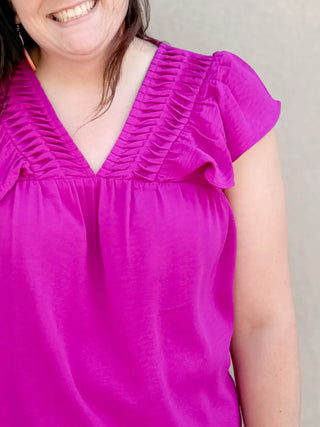 Emily Pleated Detail V-Neck Flutter Sleeve Top Magenta