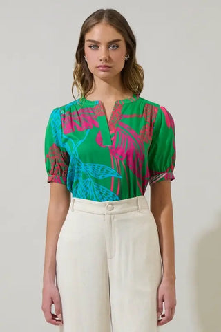 Meig Tropical Neli Split Neck Top, KELLY-PINK