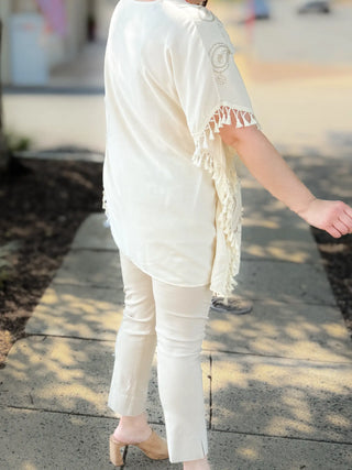 One Size Gold Embroidered Paisley Lightweight Poncho with Tassels Ivory Beach Cover Up