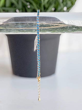 Gold Plated Half Paperclip Chain Blue CZ Tennis Bracelet