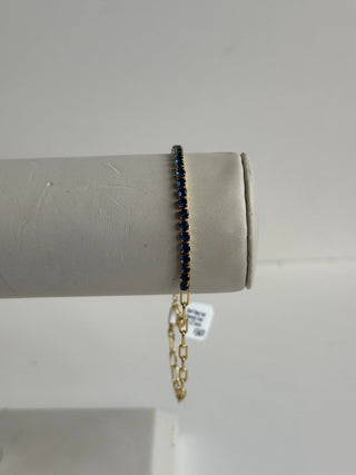 Gold Plated Half Paperclip Chain Blue CZ Tennis Bracelet