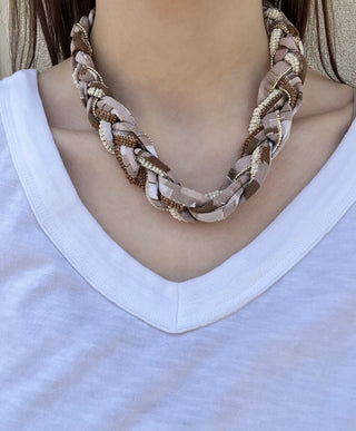 Pink and Brown Braided Fabric Necklace