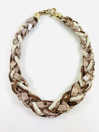Pink and Brown Braided Fabric Necklace