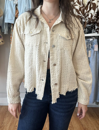 Distressed Raw Hem Soft Shirt Jacket with Snaps Beige