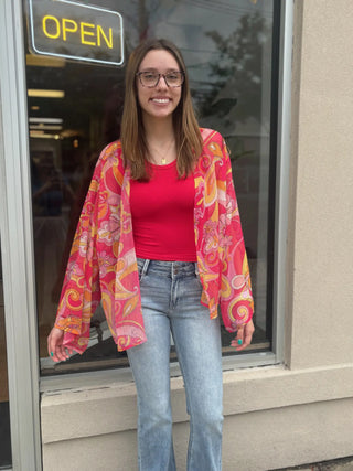 60s Floral Inspired Chiffon Kimono - Pink/Orange
