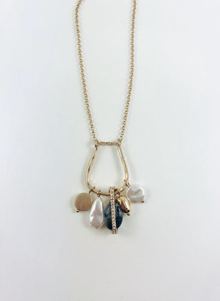 Horse Shoe Pendant with Assorted Charms Faux Pearl and Natural Stone