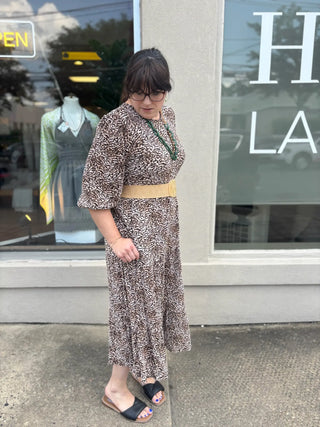 Quarter Sleeve Pleated Animal Print Maxi Dress with Pockets