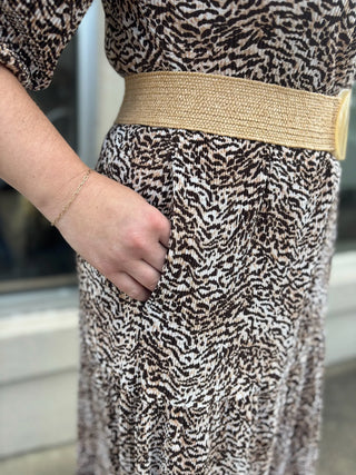 Quarter Sleeve Pleated Animal Print Maxi Dress with Pockets
