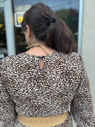 Quarter Sleeve Pleated Animal Print Maxi Dress with Pockets