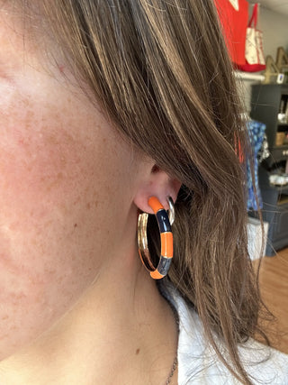Orioles Enamel Skinny Hoop Black and Orange Earrings