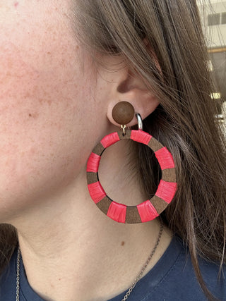 Red Threaded Boho Wooden Hoop Earrings Statement