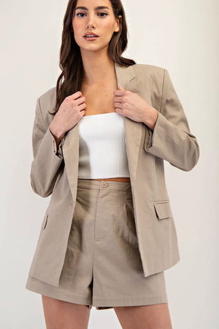 Long Sleeve Single Button Cotton Blazer Khaki