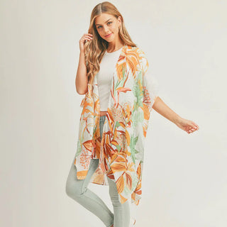 Tropical Flower Kimono Cover Up Tangerine
