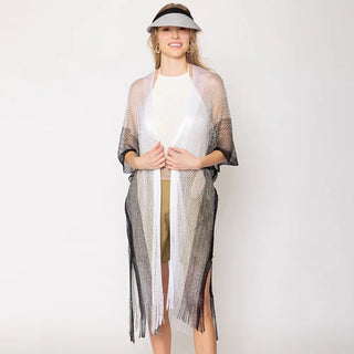 Long Netted Irridescent Beach Cover Up Striped , Black
