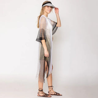Long Netted Irridescent Beach Cover Up Striped , Black