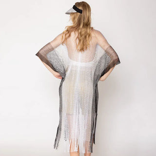 Long Netted Irridescent Beach Cover Up Striped , Black