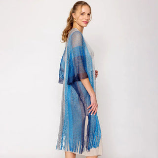 Long Netted Irridescent Beach Cover Up Striped , Royal Blue