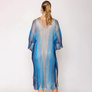 Long Netted Irridescent Beach Cover Up Striped , Royal Blue