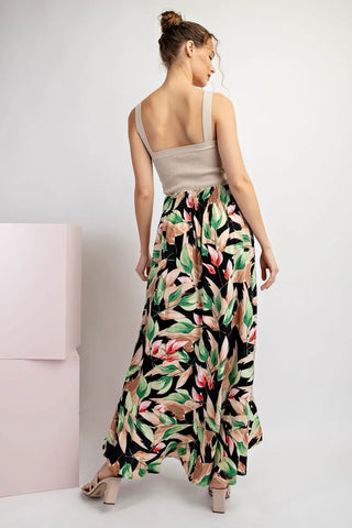 Button Down Black Floral Maxi Skirt with Hem Ruffle