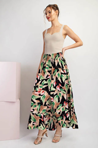 Button Down Black Floral Maxi Skirt with Hem Ruffle