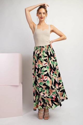 Button Down Black Floral Maxi Skirt with Hem Ruffle
