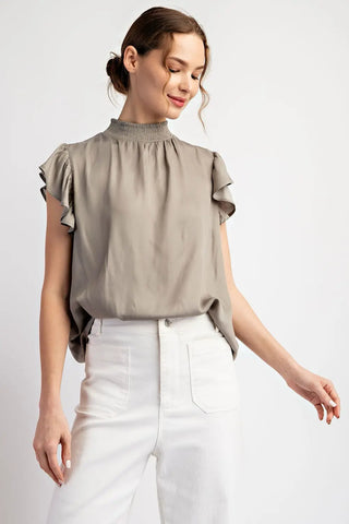 Sage Silky Blouse Mock Neck Flutter Sleeve