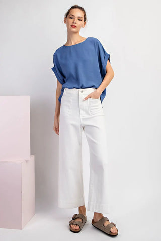 Cuffed Short Sleeve Blouse with Pleated Back Denim Blue